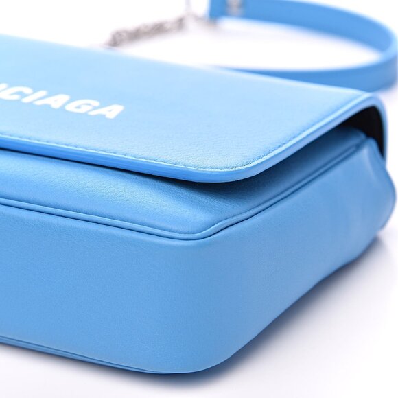 BALENCIAGA  Pebbled Calfskin Logo Everyday Flap Chain Wallet Bright Bleu - Picture 6 of 13